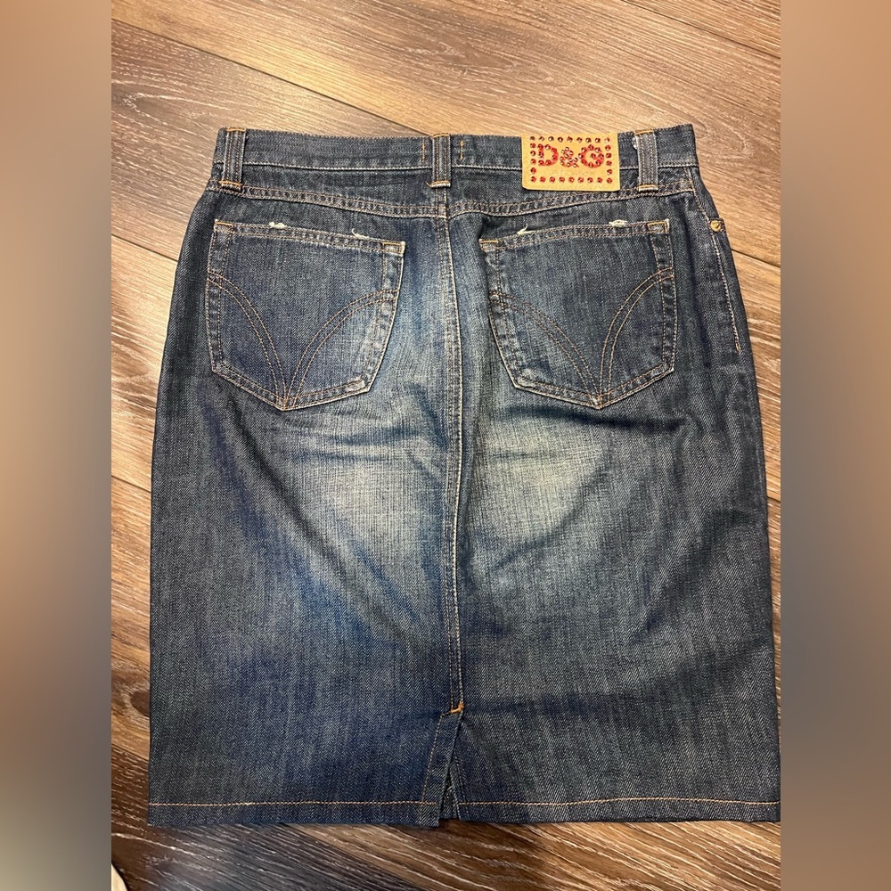 D&G Dark Blue Denim Pencil Skirt with Logo Patch